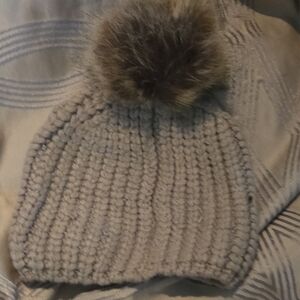 Apana Kids Beige Knit Hat with Faux Fur Pom